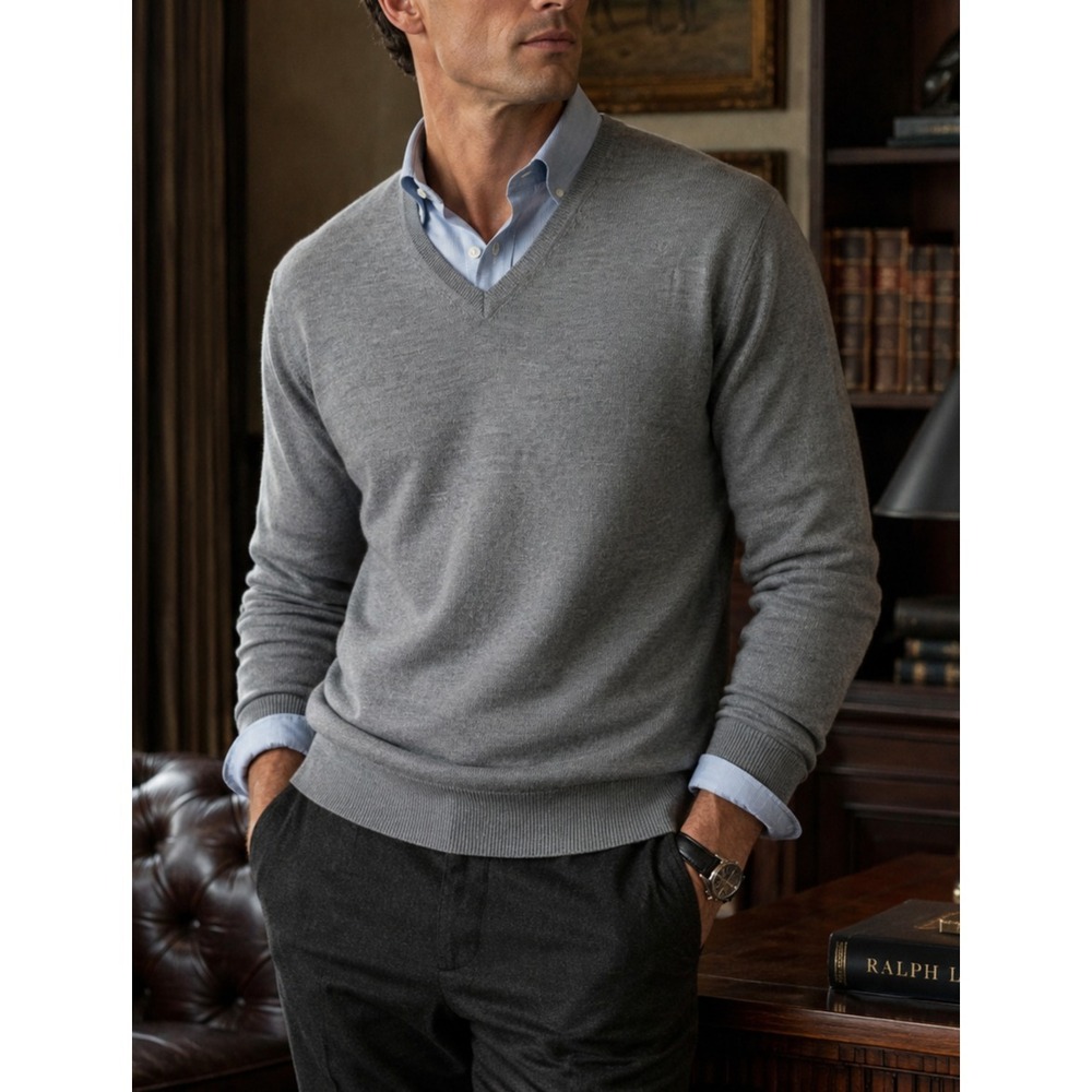 Ralph Lauren Purple Label Wool Silk Cashmere Gray V Neck Sweater Mens XL *Read